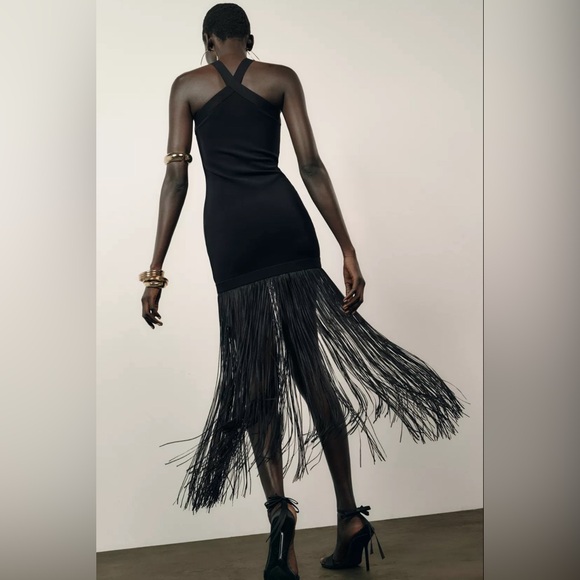 NWT ZARA LONG STRETCH FRINGE DRESS SIZE S - Picture 9 of 12